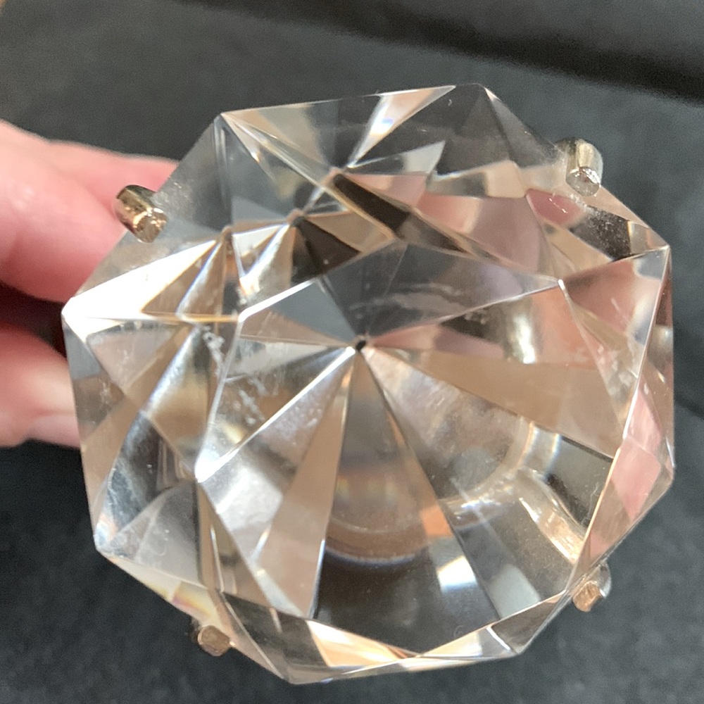 Diamond ring style paperweight, crystal and silver toned metal